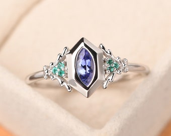 Unique tanzanite and emerald ring,custom engagement ring, marquise cut,December May birthstone ring