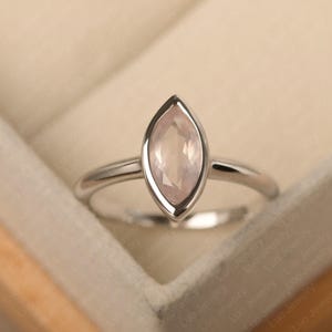 Natural rose quartz engagement ring, 14k white gold, marquise cut, bezel set, pink quartz solitiare ring