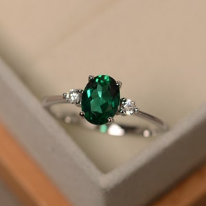 Oval cut emerald ring, May birthstone, green gemstone ring, white gold, engagemetn ring for women