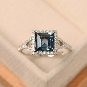 London blue topaz ring, white gold, halo engagement ring for women, square cut blue stone ring