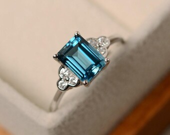 London Blauer Topasring, Smaragdschliff, November Geburtsstein, Topasversprechensring, Ring mit blauem Stein