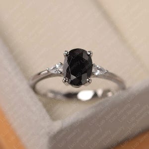 Oval cut black spinel ring, black stone wedding ring, sterling silver engagement ring for women