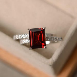 Emerald cut garnet ring, sterling silver, engagement ring, January birthstone, red gemstone ring garnet