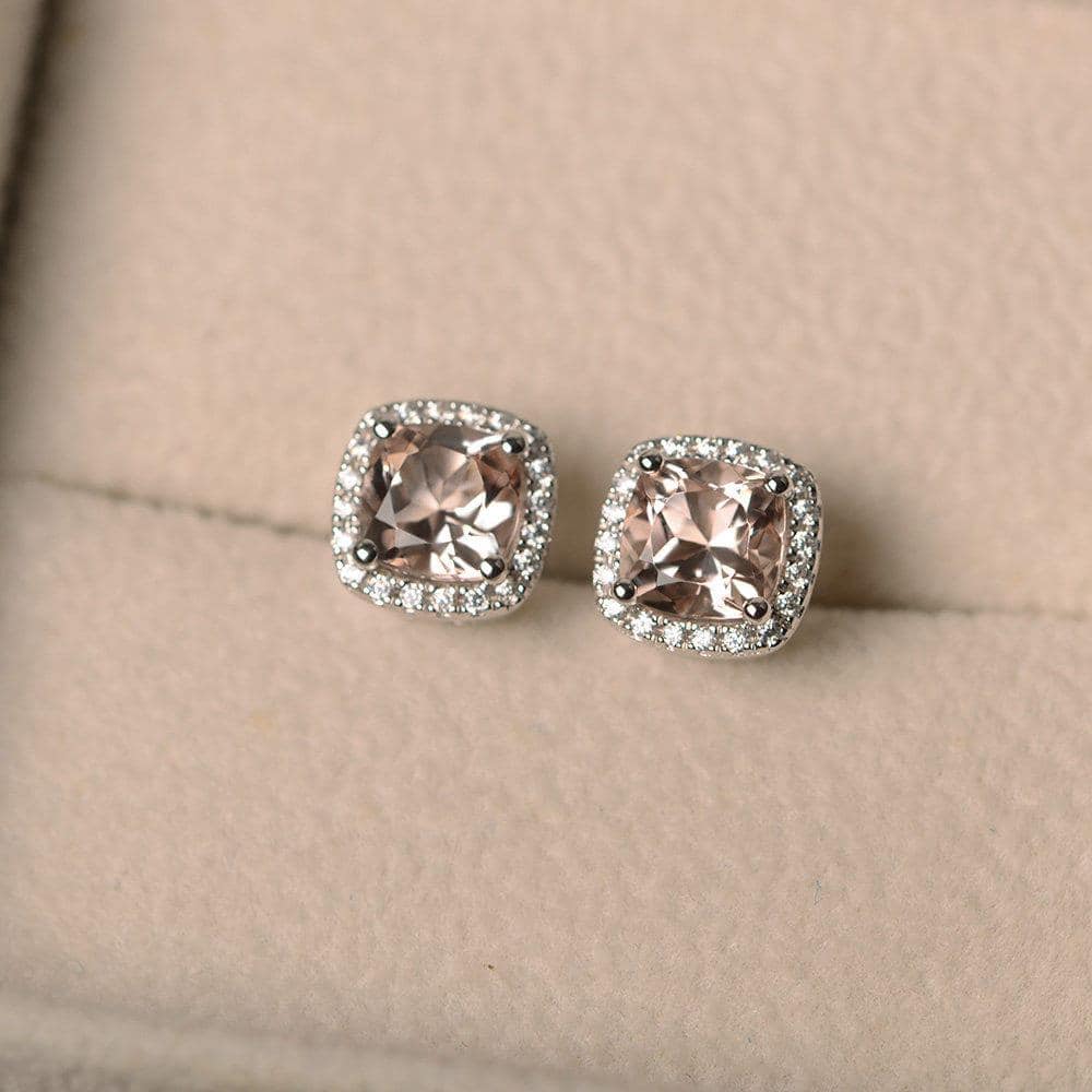 Morganite earrings, cushion cut, pink gemstone,halo earrings, stud earrings