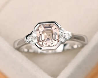 14k gold pink morganite bridal ring, asscher cut, simple pink stone daily ring
