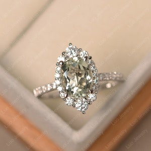 Natural Green amethyst ring, oval cut gemstone, sterling silver wedding ring