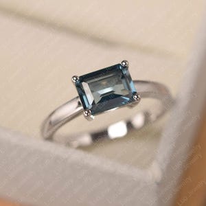 London blue topaz ring, white gold engagement ring for women, emerald cut blue stone ring
