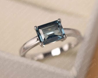 Anillo de topacio azul Londres, anillo de compromiso de oro blanco para mujer, anillo de piedra azul con corte esmeralda.