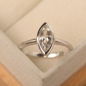 Real natural white topaz statement ring, bezel set, marquise cut, November birthstone ring