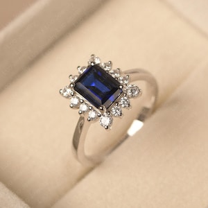 Dark blue sapphire statement ring, emerald cut, September birthstone, big gemstone ring