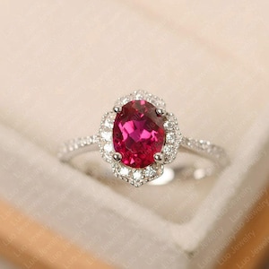 Red ruby ring, oval cut, July birthstone ring, sterling silver, engagement ring for women