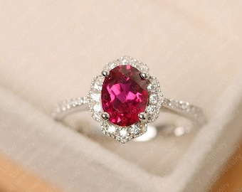 Red ruby ring, oval cut, July birthstone ring, sterling silver, engagement ring for women