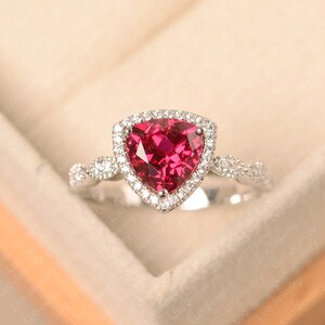 Lab red ruby ring, trillion cut, July birthstone, wedding anniversary gemstone ring