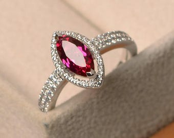 Red ruby ring, silver promising ring, marquise cut, July birthstone ring, halo ring
