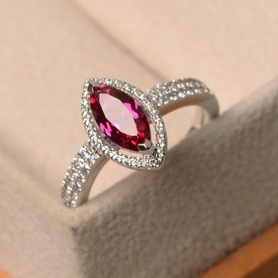 Red ruby ring, silver promising ring, marquise cut, July birthstone ring, halo ring