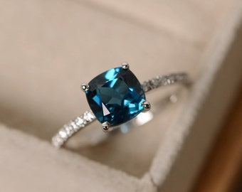 2 carat cushion cut engagement, London blue topaz wedding ring, November birthstone