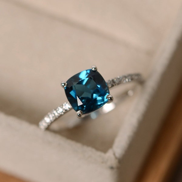 2 carat cushion cut engagement, London blue topaz wedding ring, November birthstone