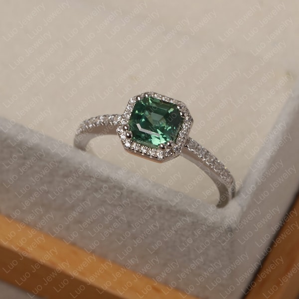 Teal sapphire ring,green sapphire, asscher cut, halo ring, sapphire engagement ring,14K gold ring