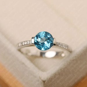 Swiss blue topaz ring, round cut, blue gemstone ring, sterling silver,anniversary ring