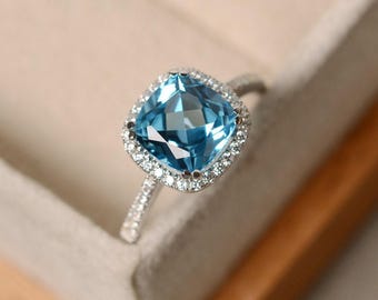 Swiss blue topaz ring, cushion cut, sterling silver, gemstone