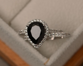 Natural black spinel bridal set, sterling silver, pear shaped halo wedding ring sets, stackable ring