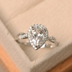 White topaz ring, simulated diamond engagement ring, sterling silver, halo wedding ring for women