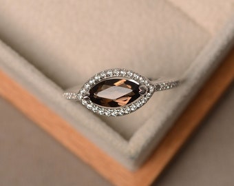 Natural smoky quartz rings, engagement rings, marquise cut rings, sterling silver rings