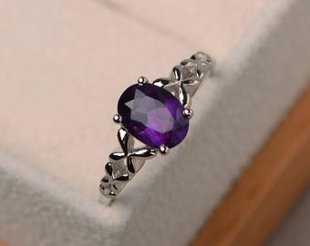 Natural amethyst ring, wedding ring, oval cut purple gemstone, February birthstone, sterling silver ring