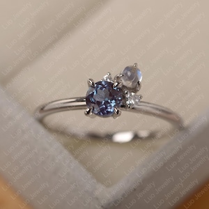 Pluto ring, round cut alexandrite and moonstone ring,color change gemstone,14K white gold,unique wedding ring