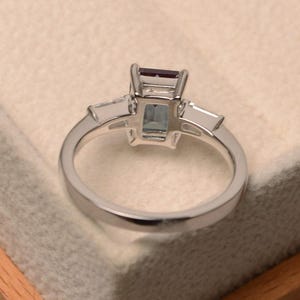 Lab alexandrite ring, wedding ring, emerald cut ,color changing gemstone, sterling silver, June birthstone image 3