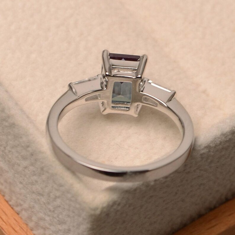 Lab alexandrite ring, wedding ring, emerald cut ,color changing gemstone, sterling silver, June birthstone image 3