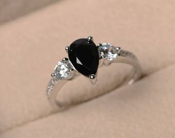 Natural black spinel ring, promise ring, pear cut spinel, gemstone ring, sterling silver ring