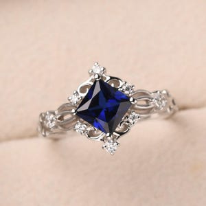 Antique style sapphire ring,sterling silver filigree promise ring,princess cut September birthstone ring
