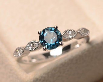 London blue topaz ring, silver engagement ring, rings for women, round cut blue gemstone ring