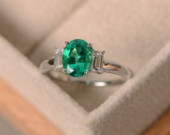 Lab emerald ring, May birthstone, three stone ring, oval emerald, sterling silver, engagement ring