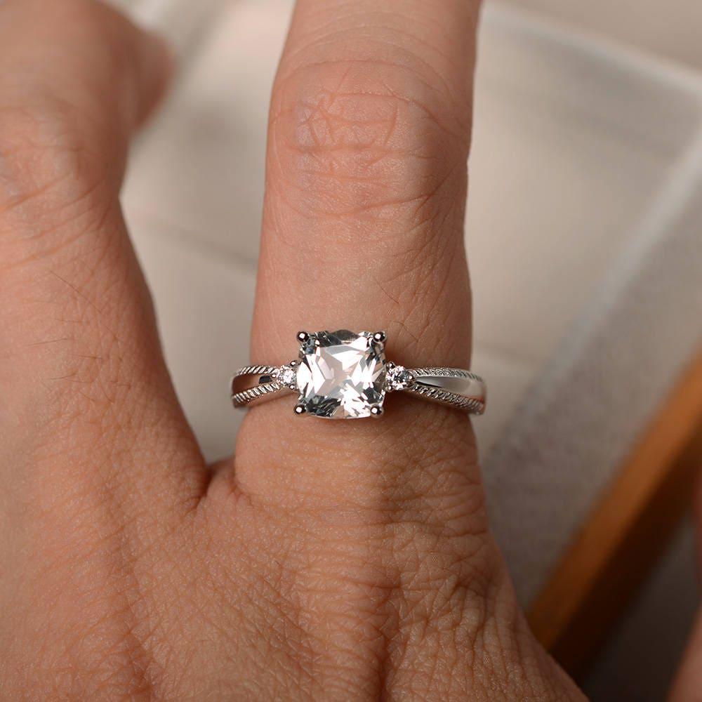 天然ホワイトトパーズリング、プロミスリング、クッションカットリング