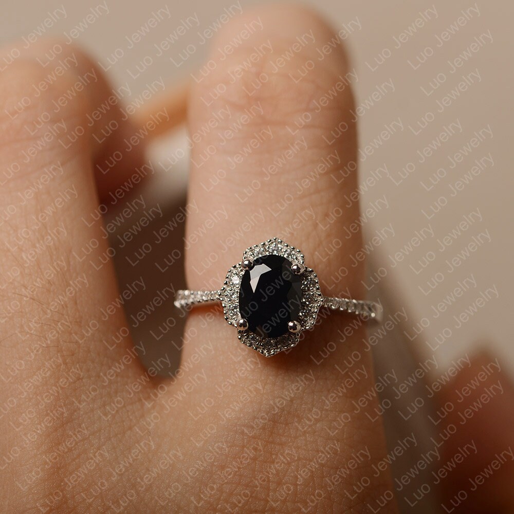 Oval Cut Black Spinel Ring Sterling Silver Engagement Ring