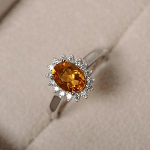 Yellow citrine ring, November birthstone, halo ring, promise ring for her, oval cut citrine, sterling silver