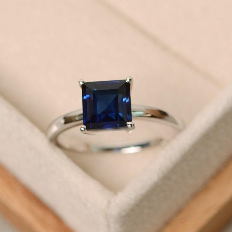 Sapphire ring, square ring, blue sapphire ring, solitaire ring, sterling silver image 2