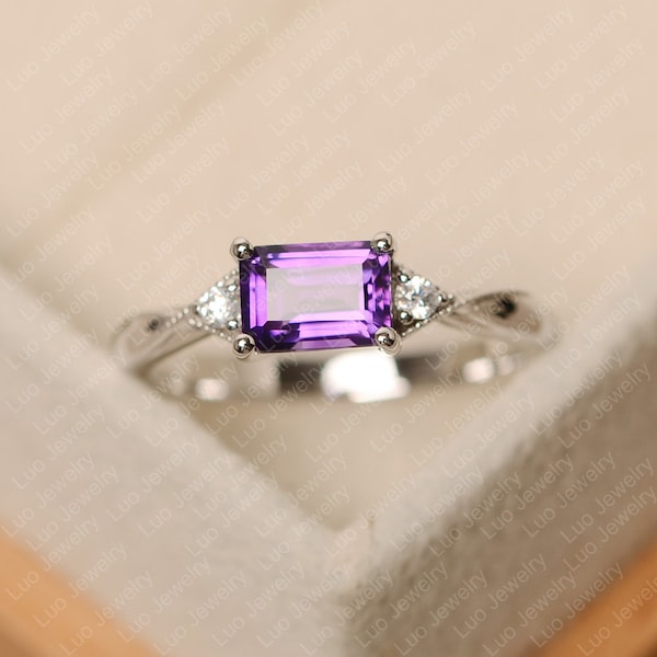 Purple amethyst ring, February birthstone, emerald cut, sterling silver, engagement ring for women