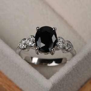 Black spinel rinng, black rings, oval cut engagement ring, oval gemstone ring silver