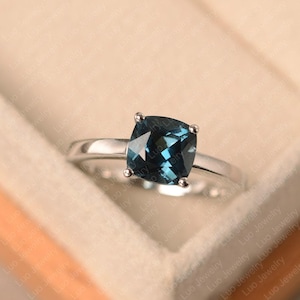 London blue topaz ring, cushion cut blue stone ring, sterling silver solitaire engagement ring