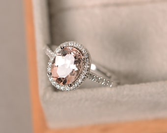 Natural morganite wedding ring, sterling silver, pink gemstone, vintage halo ring