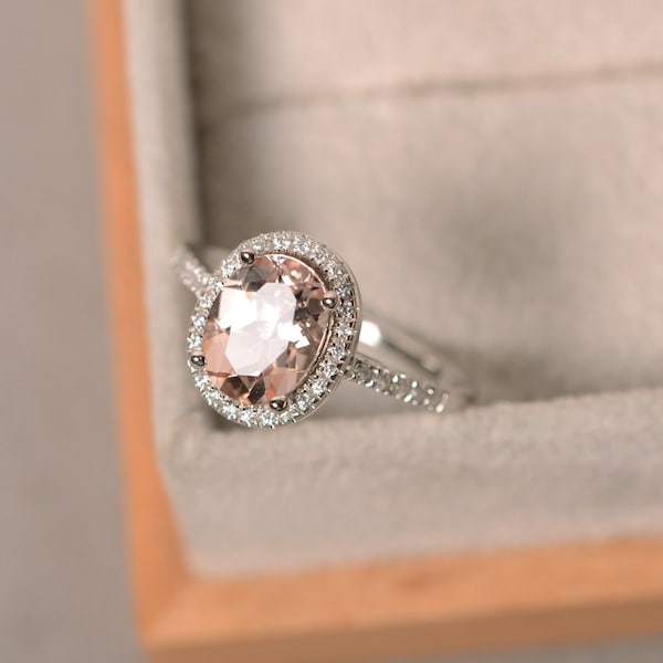 Anillo de bodas de morganita natural, plata de ley, piedra preciosa rosa, anillo de halo vintage