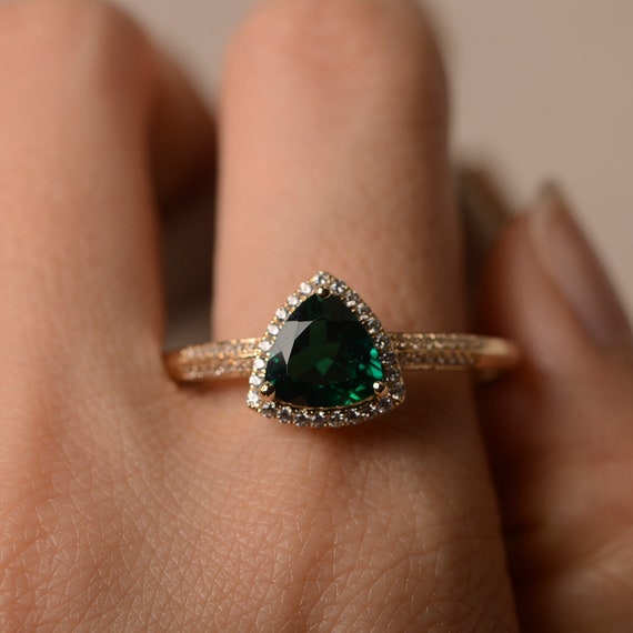 Emerald Ring Trillion Cut Emerald Halo Ring Gemstone Ring
