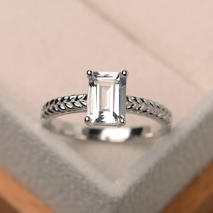 Engagement ring, natural white topaz ring, emerald cut gemstone, sterling silver ring