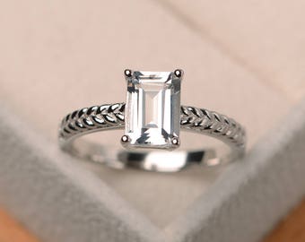 Engagement ring, natural white topaz ring, emerald cut gemstone, sterling silver ring