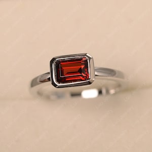 Garnet ring, emerald cut, stelring silver, January birthstone, solitaire engagement ring, east west ring