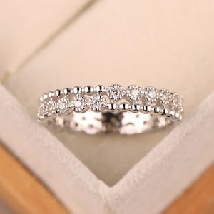 Delicate wedding band ring,sterling silver milgrain cubic zirconia stacking ring, eternity beaded band ring
