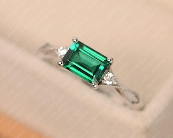 Anillo de esmeralda verde, talla esmeralda, anillo de piedra natal de mayo, plata de ley, anillo de compromiso para mujer
